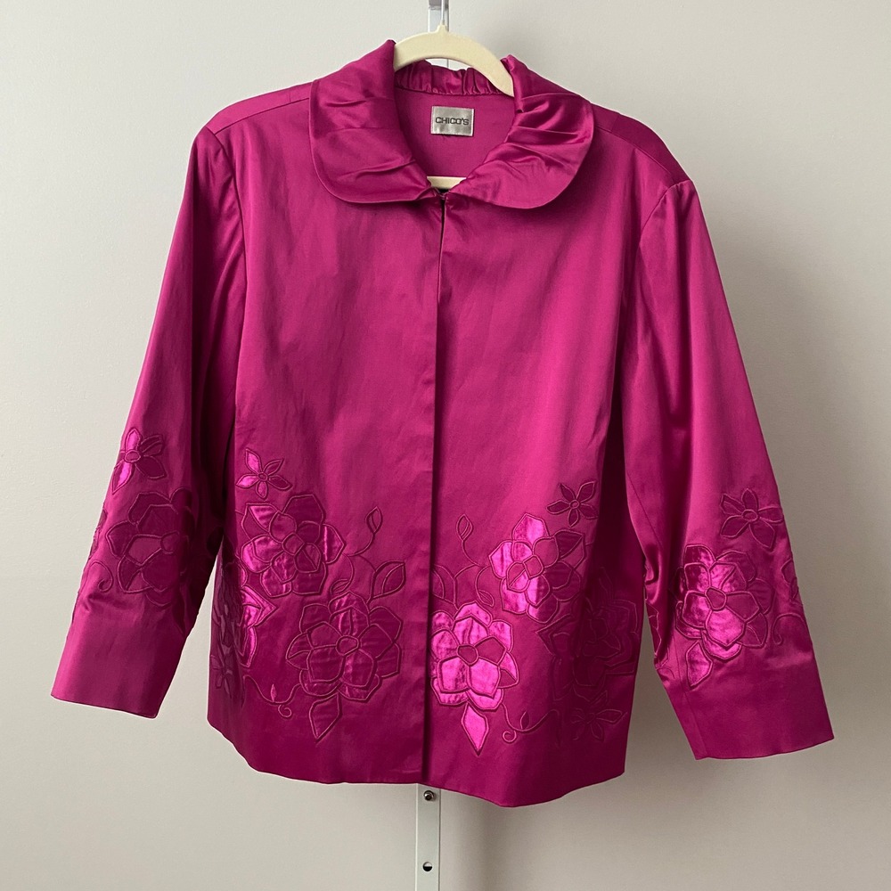 Chico's Silk MobWife Office Siren Floral‎ Embroidered Blazer 2 Pink
